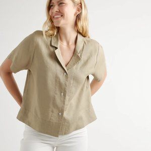 Quince 100% European Linen Short Sleeve Shirt in Washed Olive - Size L